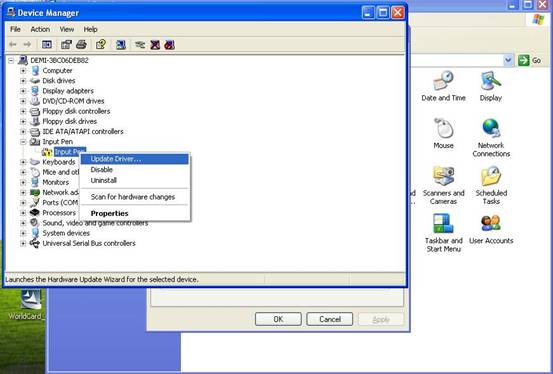 Please run Device Manager from StartControl PanelSystemHardware, and right click Input Pen. Then update its driver as the images below: